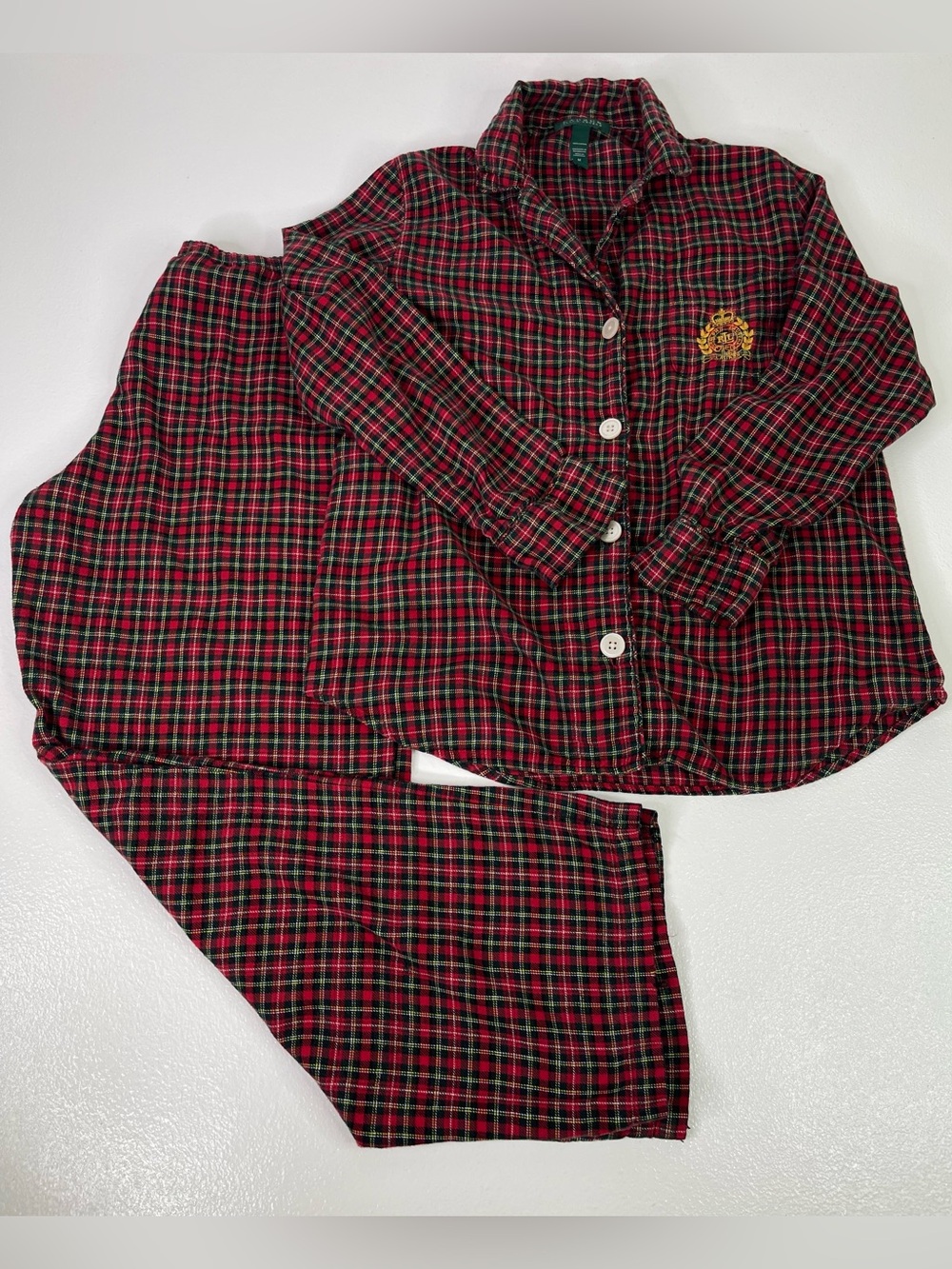 Lauren Ralph Lauren Womens Flannel Pajama Set Plaid Button Top Pants Red Green M